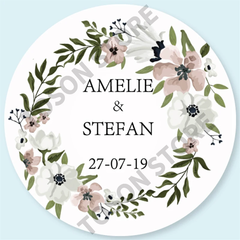 100, Silver laser Customized text logo, Wedding Stickers, Invitations Seals, Candy Favors Gift Boxes Labels, On White Adhesive