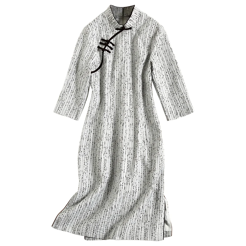 Весна 2019 новейший дизайн Qipao серое с черной полосой китайское платье женское