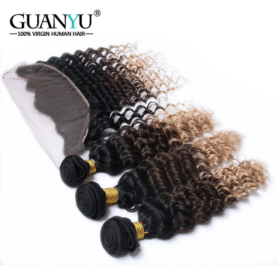 Guanyuhair 3bundles Ombre натуральные волосы с 13X4 кружева Фронтальная перуанский глубокая