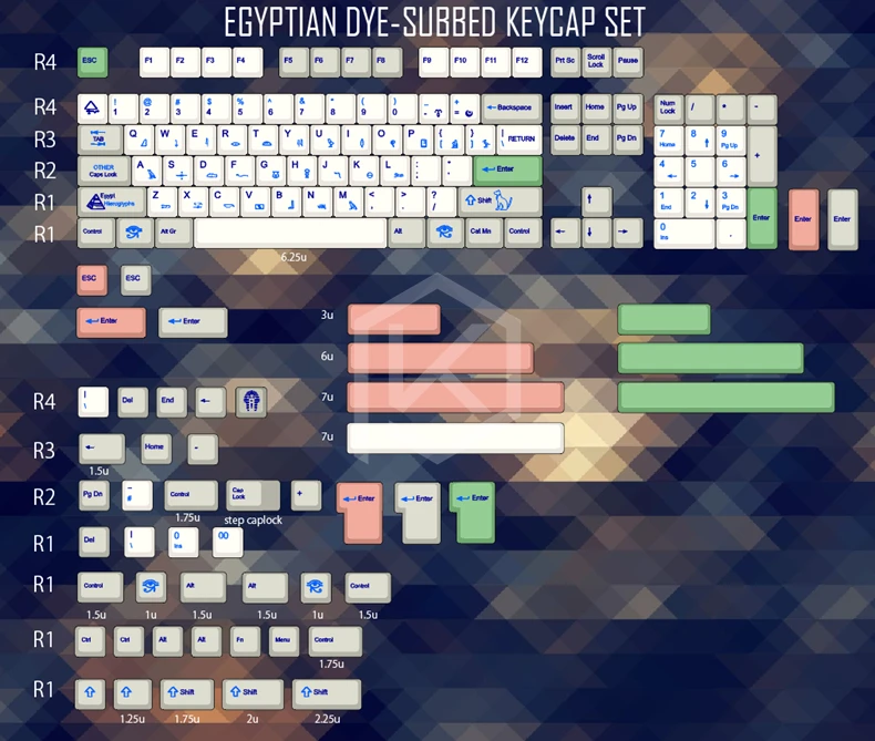 

Egyptian 9009 colorway cherry profile Dye Sub Keycap Set thick PBT plastic keyboard gh60 xd60 xd84 tada68 rs96 zz96 87 104 660