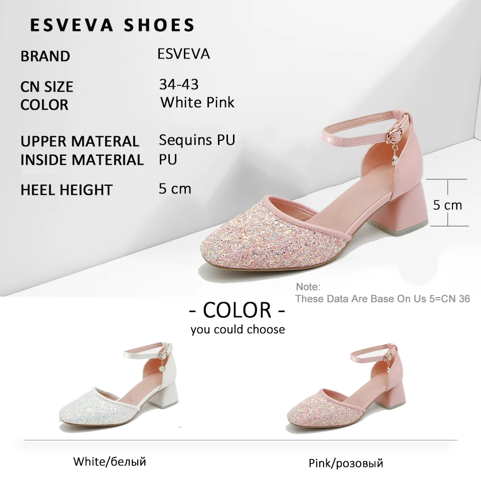 

ESVEVA 2017 Women Pumps High Heels Sweet Style Sequins PU Shoes Square Toe Square Heels Two-piece Women Pumps Shoes Size 34-43