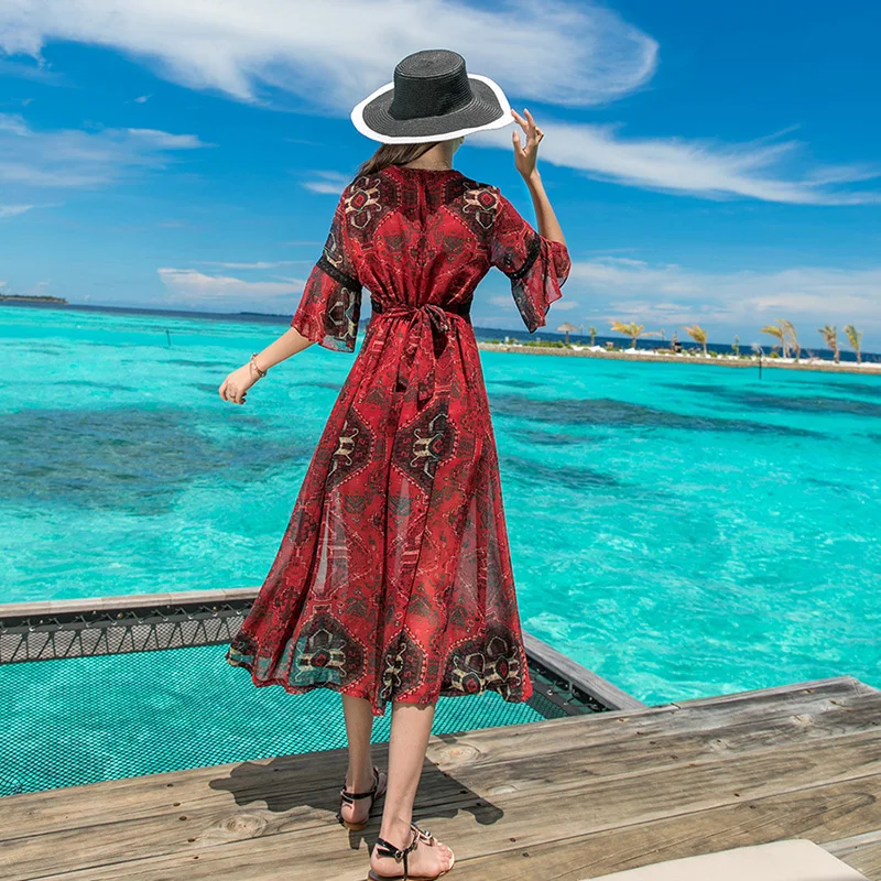 Женское винтажное шифоновое платье с цветочным принтом и V-образным вырезом |