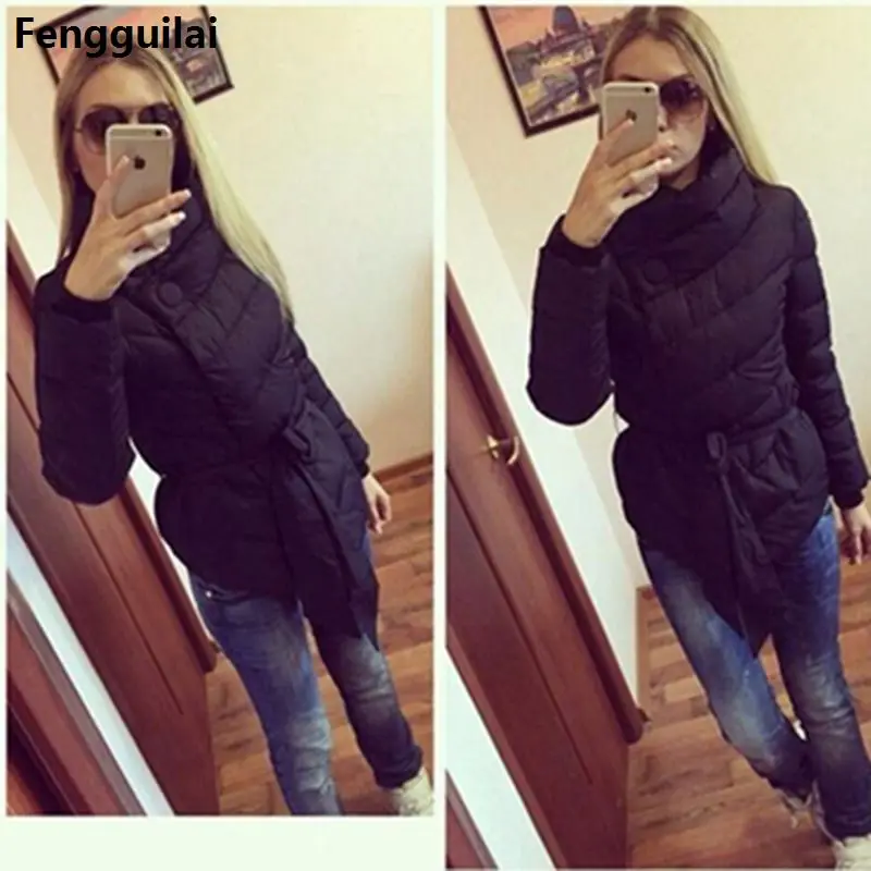 Новое поступление, осенне-зимние женские куртки, длинные, модные, одноцветные, с карманами, с высоким воротом, пуховики, повседневное теплое пальто, 3 цвета - Цвет: Черный