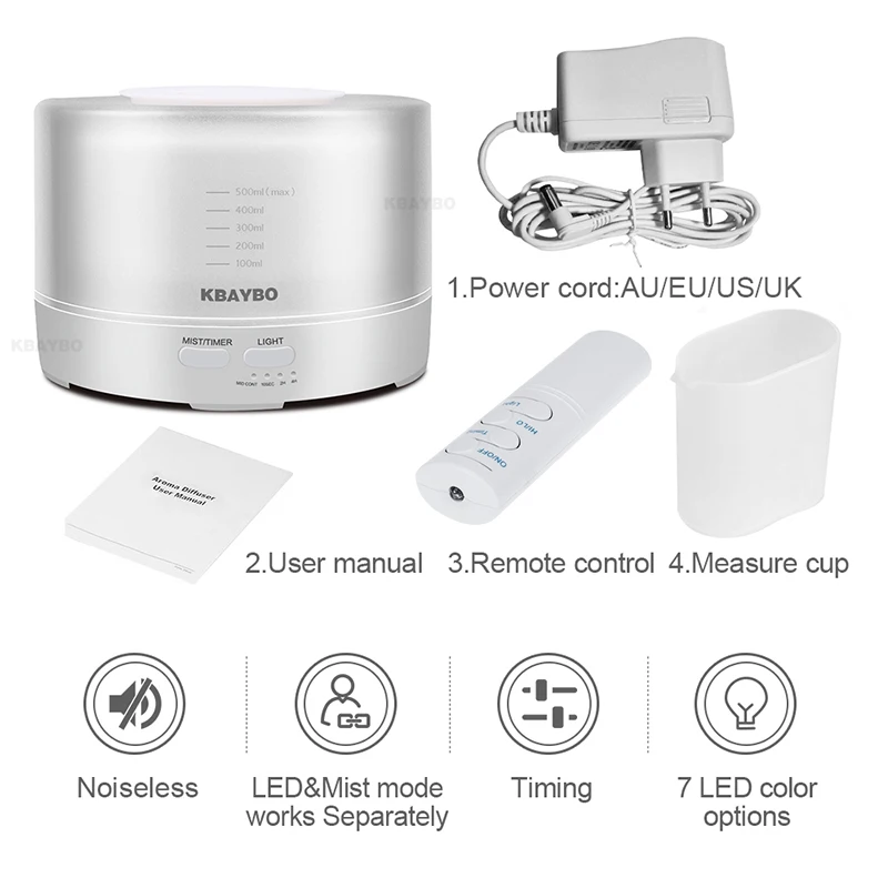 KBAYBO 500ml Ultrasonic Air Humidifier Essential Oil Diffuser with remote control humidify Aromatherapy mist maker for home | Бытовая
