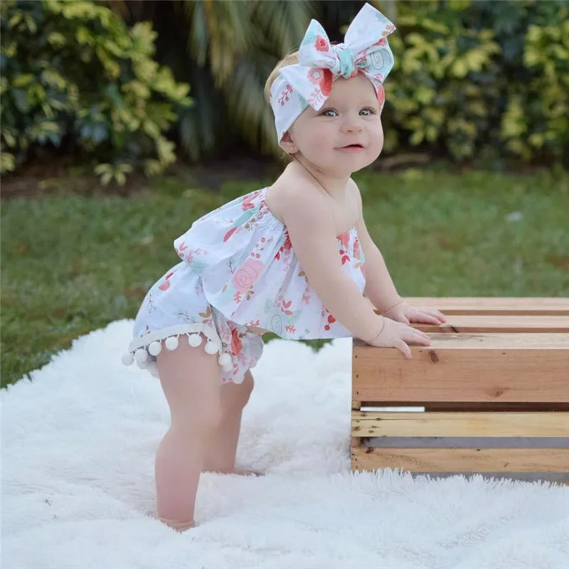 3Pcs Infant Baby Girl Floral Print Clothes Set Strapless Off Shoulder Crop Top Tassel Shorts Panties Headband 0-24M | Мать и ребенок