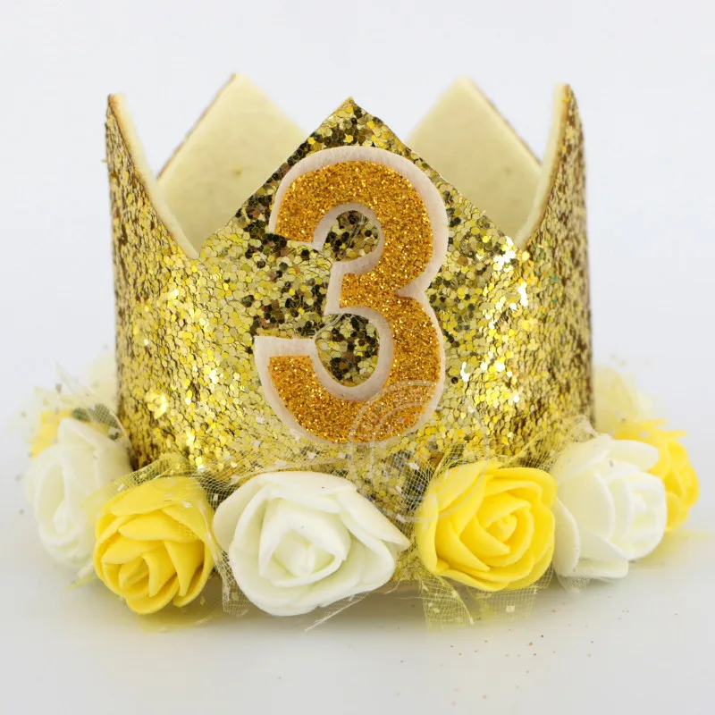 gold hat 3 Счастливые шляпы для празднования первого дня рождения, декоративная крышка, один праздничный колпак, корона принцессы, 1-й 2-й 3-й год, детский аксессуар для волос - Цвет: gold hat 3