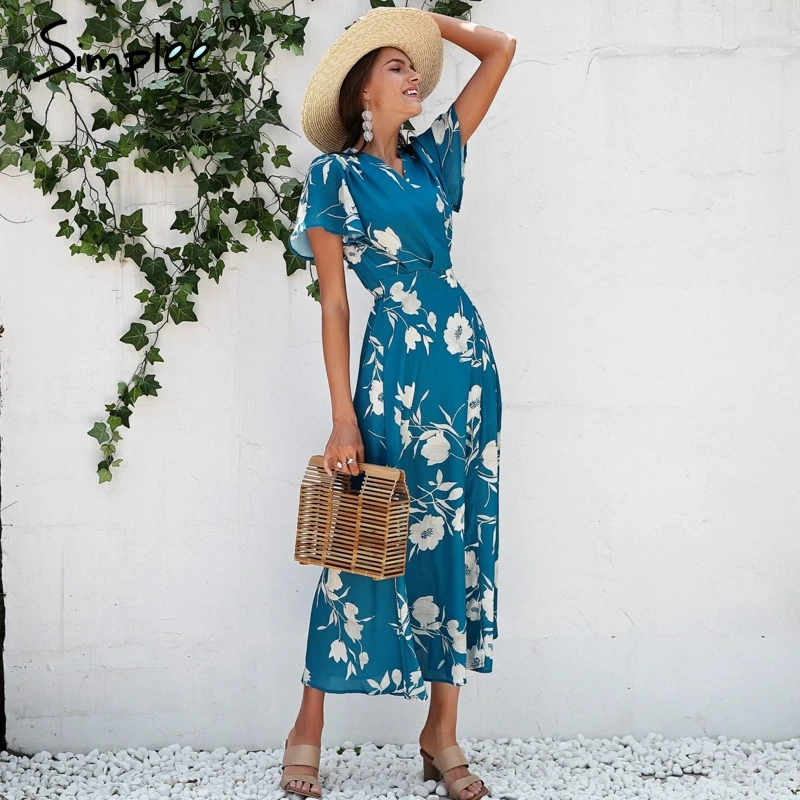 Simplee Boho цветочным принтом платье макси женские пикантные v шеи обернуть длинное с