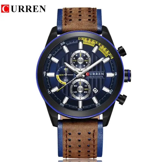 brown blue black Relogio Masculino CURREN Элитный бренд спорт Для мужчин часы кожаный ремешок Повседневное хронограф Кварцевые наручные часы Дата мужской часы - Цвет: brown blue black
