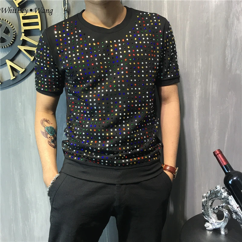 WHITNEY WANG 2018 Summer Fashion Streetwear Colors Rhinestone t shirt Men Casual Tees T-shirt tumblr tops Plus size Women Tee |