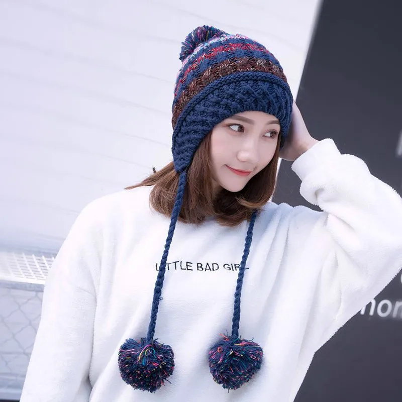 Шапка бини шерстяная Кепки s для Для женщин Earflap теплые Шапки Pom Зима крючком