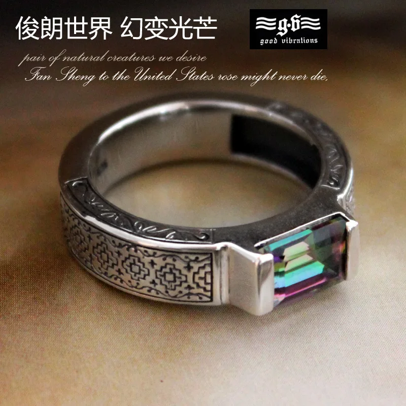 

Man classical high-strength illusion Colorful stone square 925 silver ring male thai silver vintage silver jewelery finger ring