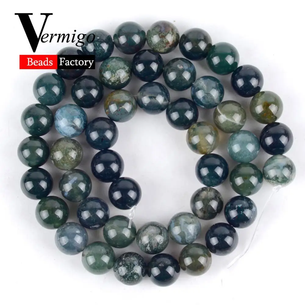 Moss Agate Натуральный микс драгоценных камней, Агаты, минералы, бусины, аметисты, лазурит, круглые бусины для браслета, изготовления ювелирных изделий, 4-12 мм, сделай сам - Цвет: Moss Agate