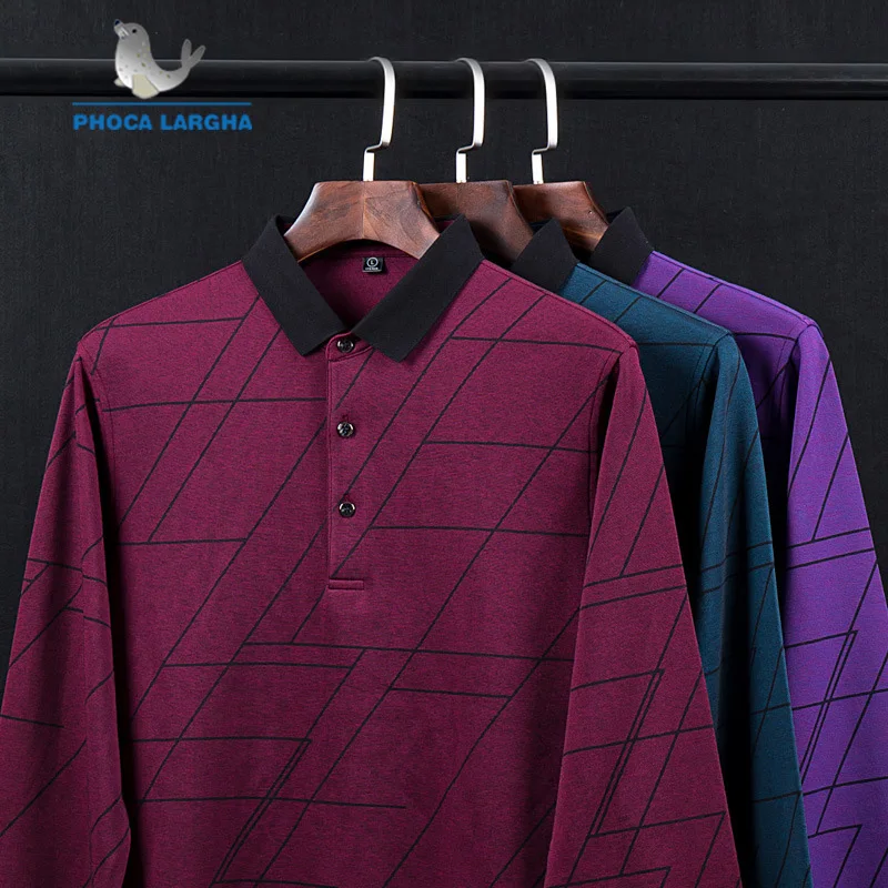 Мужская футболка поло с геометрическим узором длинным рукавом однотонная для