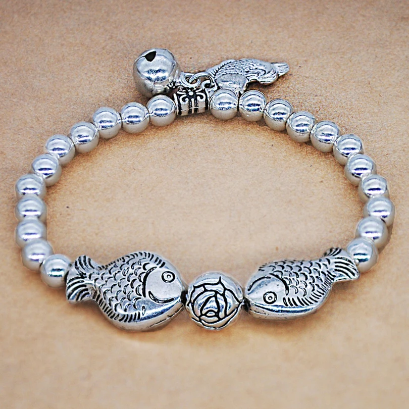 Винтажный браслет с бусинами античное посеребренное покрытие рыба цветок