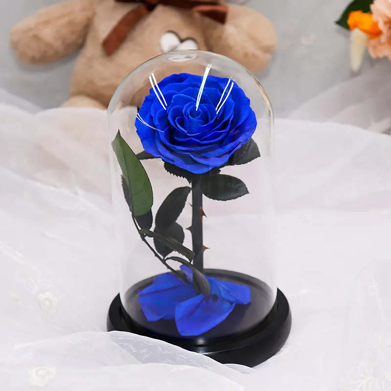 Blue Красавица и Чудовище красная роза в стеклянном куполе на деревянной основе подарок на день Святого Валентина украшение стола вечный цветок - Цвет: Blue