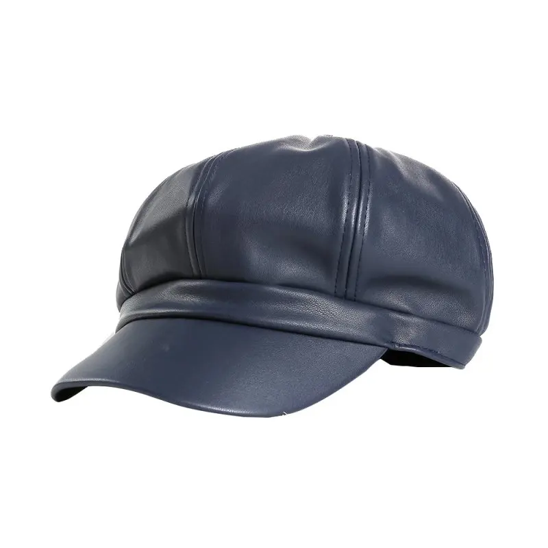 Синий Шапка женская одноцветная из искусственной кожи восьмиугольная gorra mujer Кепка Женская британская ретро Повседневная Кепка модная художница Кепка для улицы - Цвет: Синий