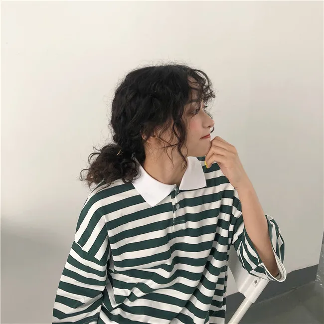 Ulzzang, летняя, с коротким рукавом, с отложным воротником, женская, большой размер, в полоску, свободная, новая, Harajuku, половина, винтажная, хлопковая футболка, топы