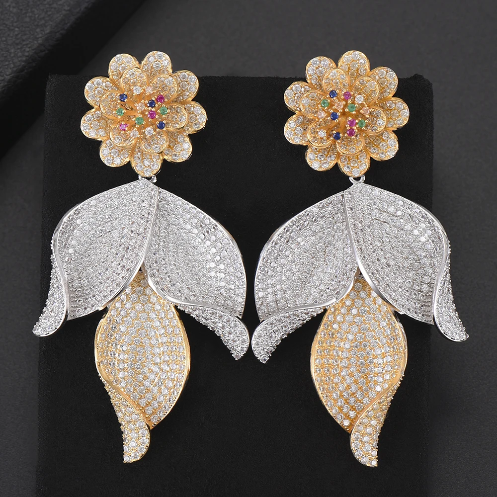 

40*76 mm Deluxe flower earrings Leaf Pendant Dangle Earrings For Women Full Cubic Zirconia Drop Earrings boucle d'oreille