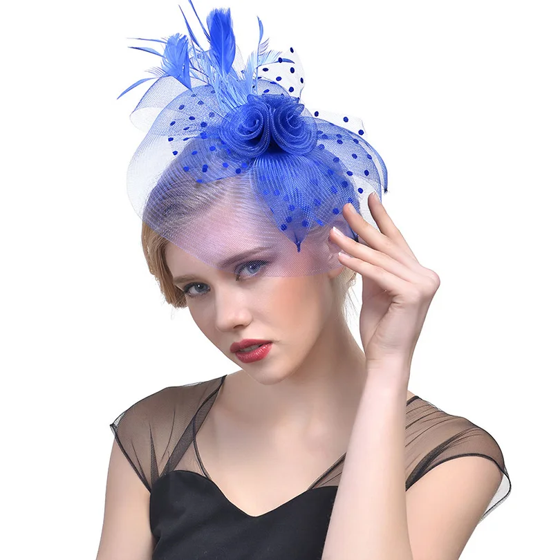 blue Женские заколки на шляпу, AWAYTR, элегантный головной убор с перьями, чародейка, заколка на шляпу, вечерние, свадебные, птичья клетка, вуаль,, аксессуары для волос - Цвет: blue