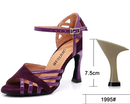Purple heel 7.5cm WUXIJIAO танцевальная обувь для латиноамериканских женщин ПУ+ замша Сальса Танцевальная обувь блестящая Профессиональная Обувь для танцев бальные мягкие туфли - Цвет: Purple heel 7.5cm