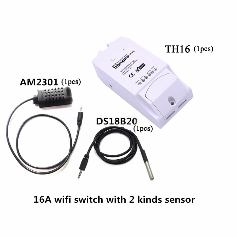 16 and 2 sensors Sonoff TH 16A/10A мониторинг температуры и влажности WiFi умный переключатель Функция синхронизации с AM2301 DS18B20 датчик высокая точность - Комплект: 16 and 2 sensors
