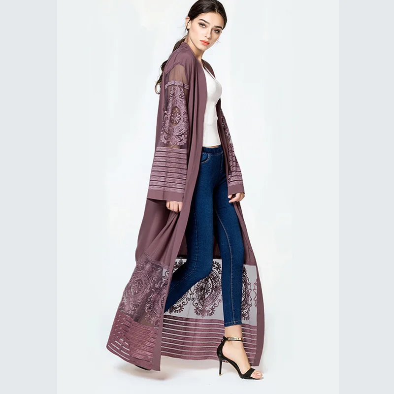 Осенняя блуза размера плюс Mujer De Moda abaya Женский Длинный Шифоновый кружевной кардиган-кимоно Mujer Roupa корейская модная одежда