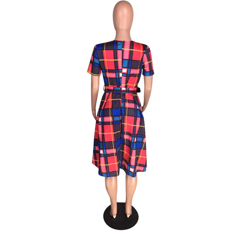 

African Clothes Plaid A-Line Dress Women 2019 Summer Elegant O-Neck Short Sleeve Bodycon Big swing Maxi Dress Party Holiday