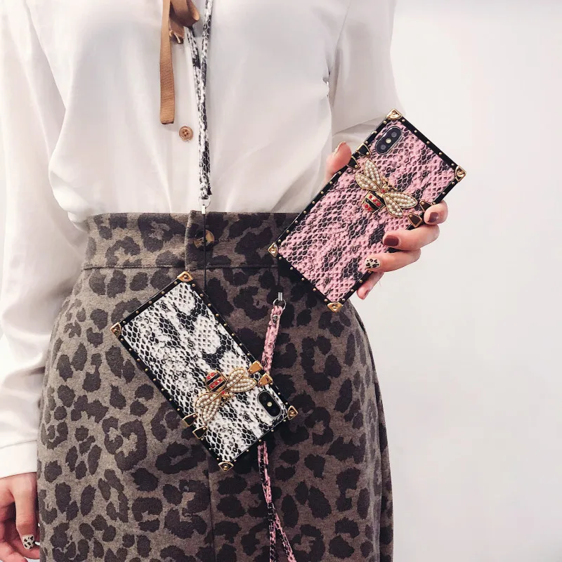 KoisAcase DIY Square Snake skin pattern phone case For iPhone X XR Xs Max 6 6S 7 8 Plus bee with lanyard protective cover |