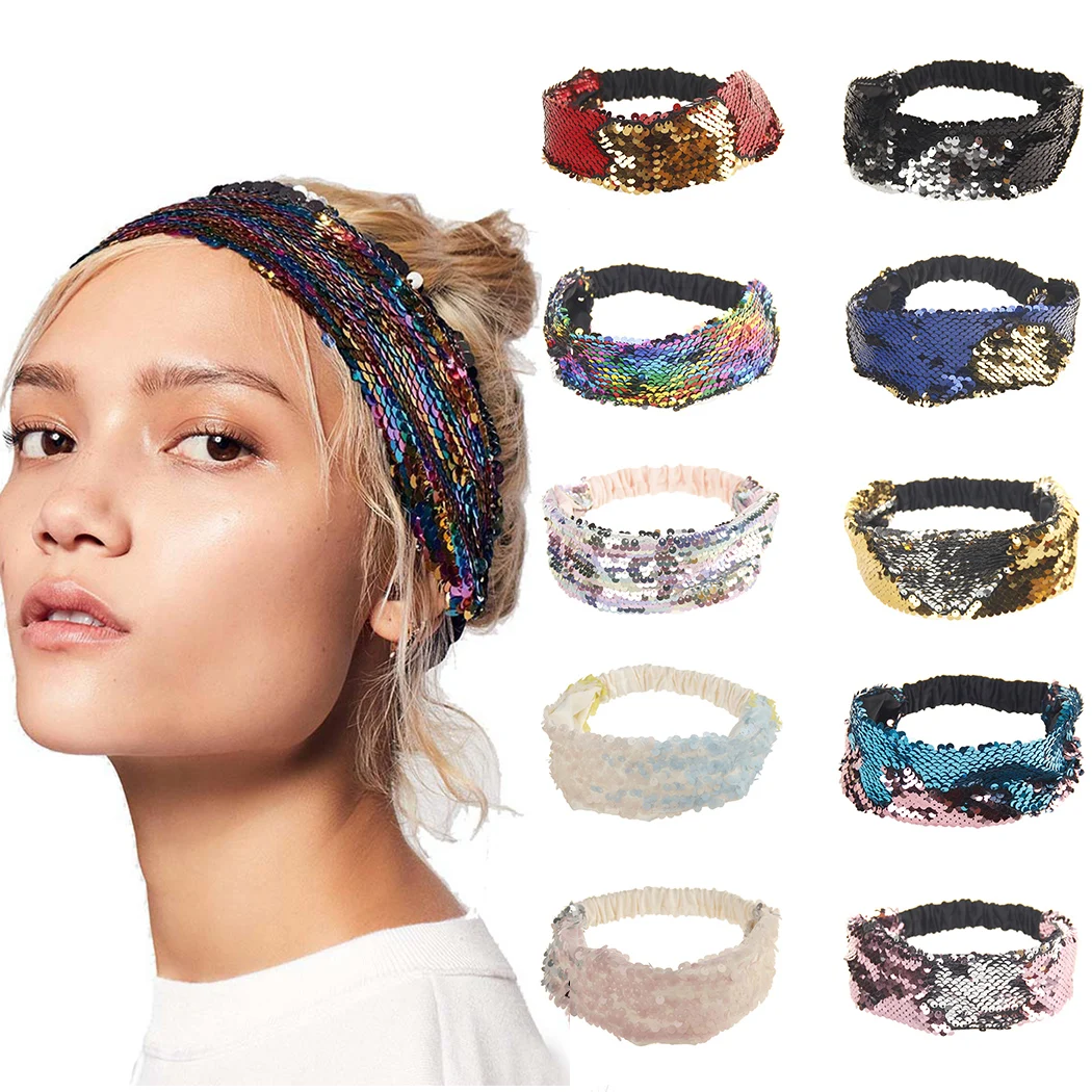 Повязка на голову женская двусторонняя с блестками из пайеток рыбьего хвоста, перевертыш, эластичный аксессуар для волос.