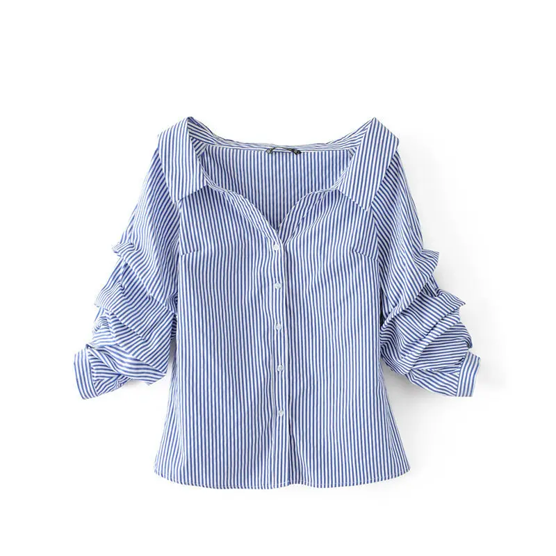 blue striped shirt Блузка и топ Для женщин осень с длинным рукавом с v-образным вырезом рубашка в полоску Женские повседневные топы и блузки женские рубашки mujer f070 - Цвет: blue striped shirt