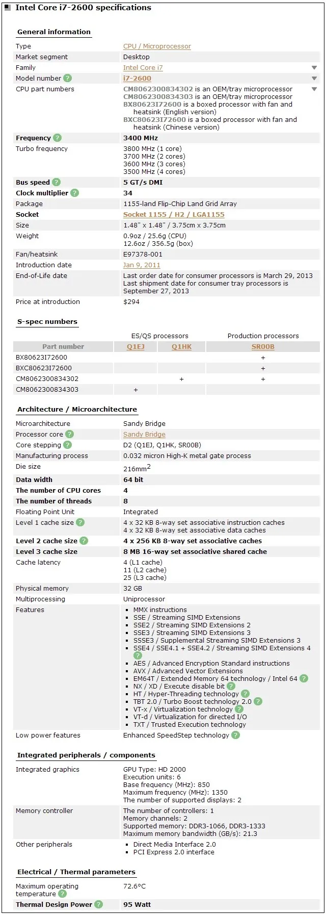 Intel Core i7 2600 3,4 ГГц четырехъядерный процессор 8MB 5GT/s SR00B LGA 1155 cpu i7-2600