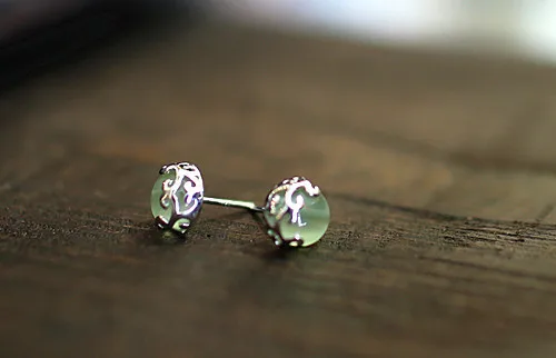 Женские винтажные серьги пусеты с натуральным зеленым опалом из стерлингового