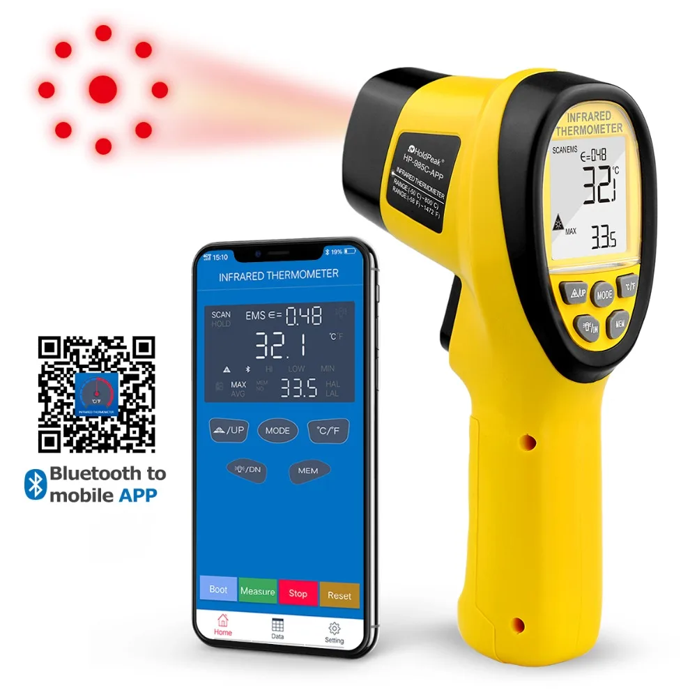 HoldPeak HP-985C-APP ИК инфракрасный термометр для измерения температуры рукоять-50-800C/58-1472 «F Температура метр пистолет инфракрасный термометр W/Bluetooth APP
