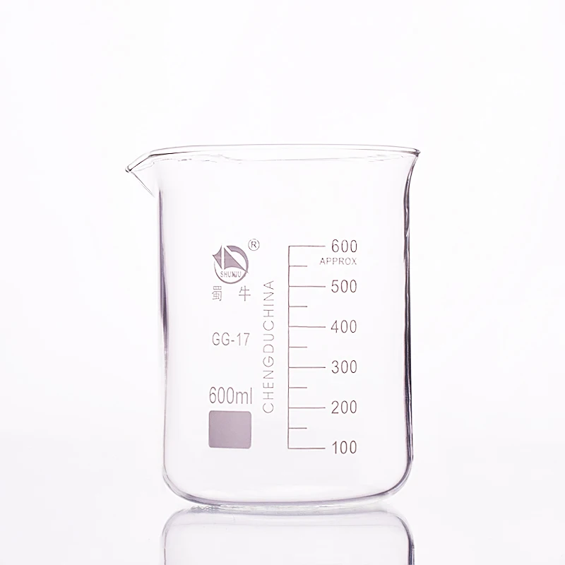 Beaker in low form,Capacity 600ml,Outer diameter=96mm,Height=127mm,Laboratory beaker