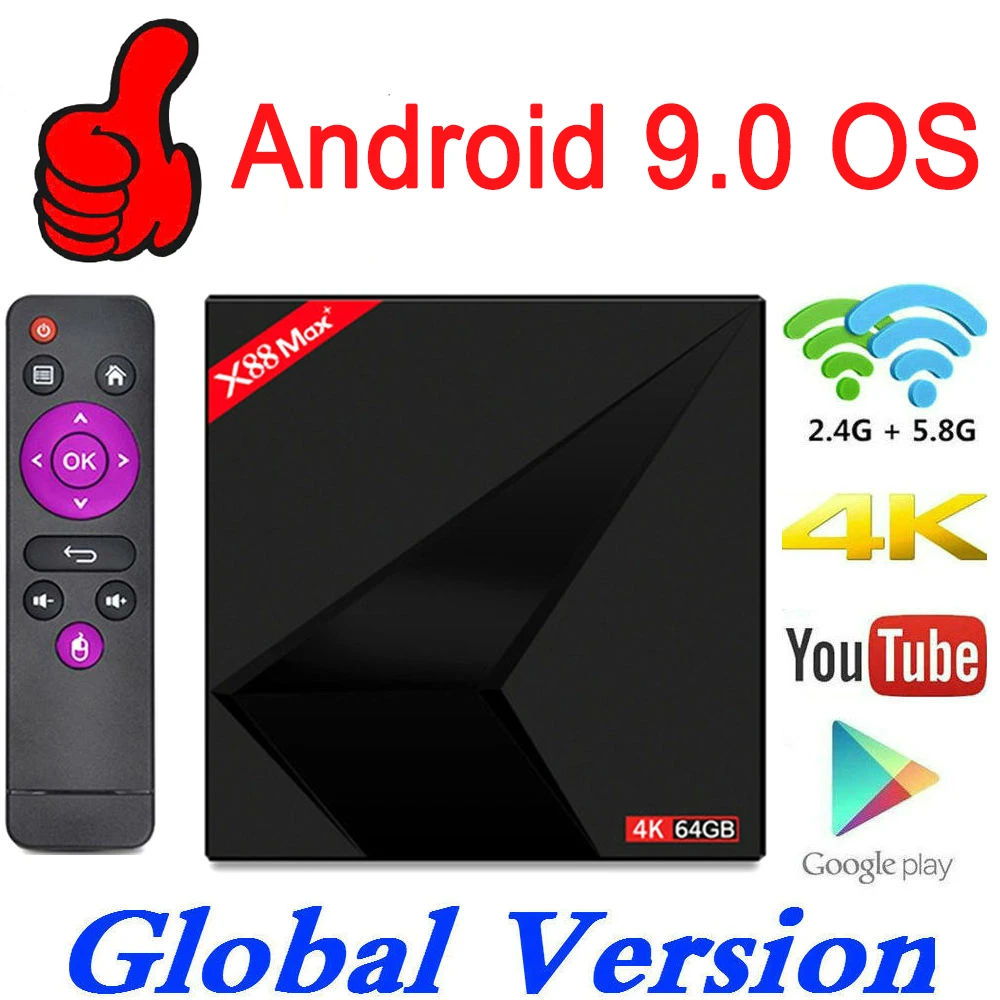 ТВ-бокс Android 9,0X88 MAX Plus 4 Гб ip tv Google Play Meida плеер 2,4& 5,8 ГГц двойной Wifi 4K HD телеприставка смарт-онлайн ТВ-бокс