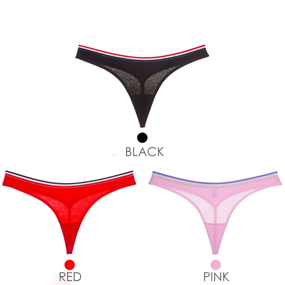 Black Red Pink Женские сексуальные стринги, хлопковые стринги, нижнее белье, бесшовное бикини, женские трусы с низкой талией, Прозрачное нижнее белье, трусы 3 шт. ROSI - Color: Black Red Pink