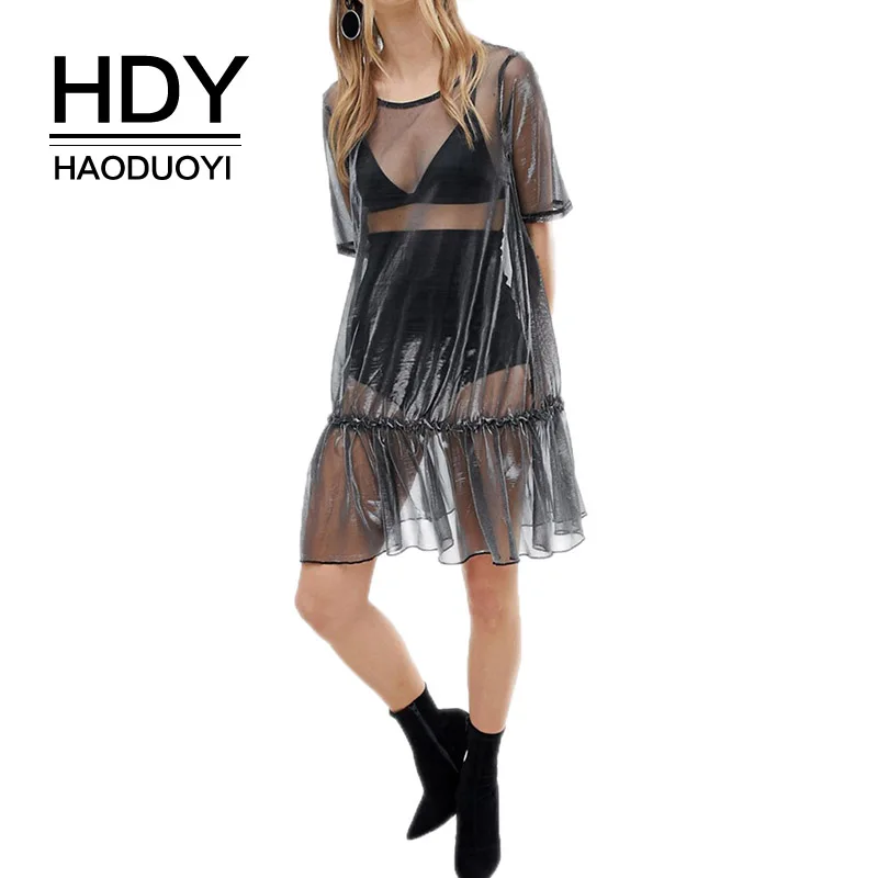 Женское Сетчатое платье HDY Haoduoyi летнее Прозрачное с оборками и о вырезом на боку
