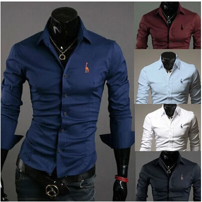 Мужская приталенная рубашка с длинным рукавом цветочной вышивкой|shirt casual slim|male