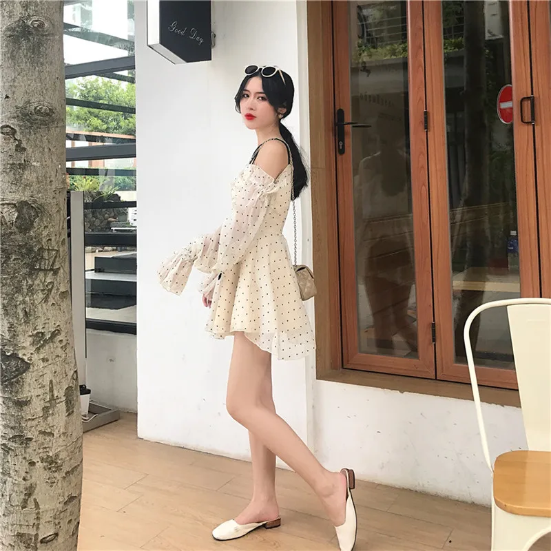 Летнее Модное шифоновое женское платье в горошек с воротником лодочкой