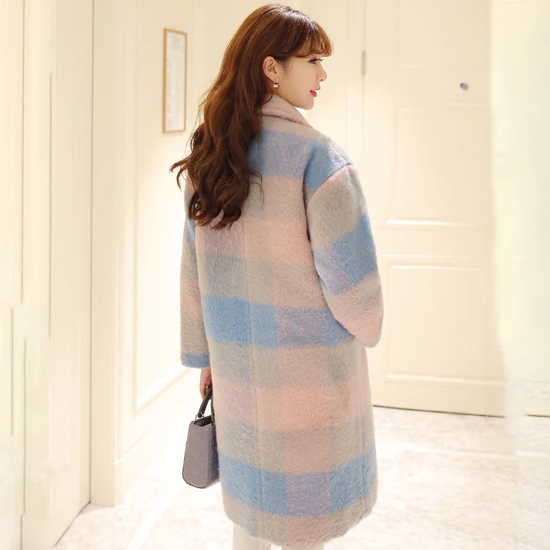 

Fashion New Women Autumn Winter Cashmere Trench Coat Casual Pink Blue Plaid Coat Thickness Warm Button Pocket Coats