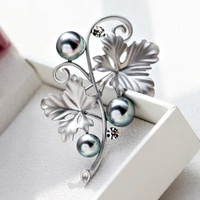 farlena jewelry high grade matte silver gray pearl brooch pin grape leaves design rhinestones brooches for women