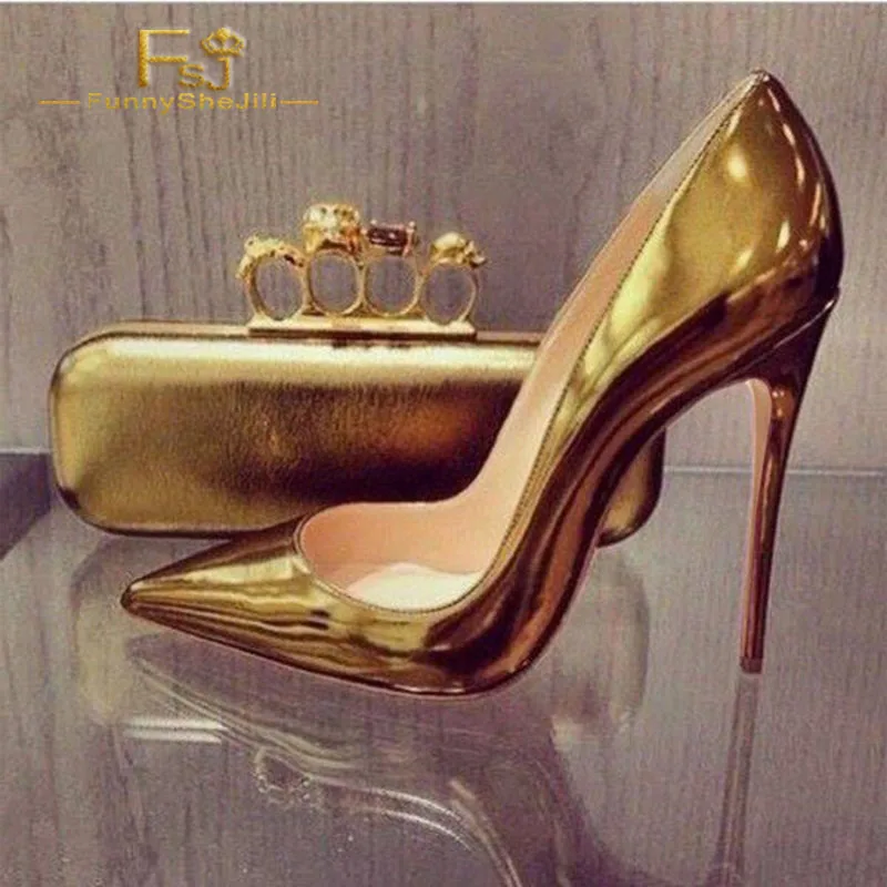 

FSJ Women Shoes Ladies Pumps 2108 Spring Autumn Gold Metallic Heels Pointy Toe Stiletto Heel Office Lady Big Size Shoes11 12 13