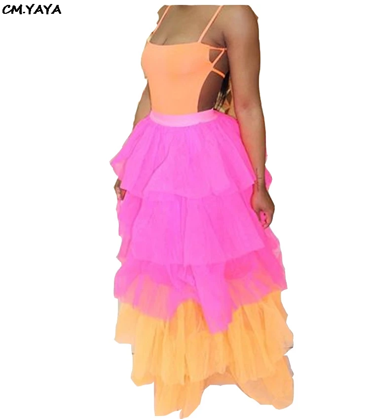 women summer cascading ruffles splicing high waist mesh fringed skirt casual lady party club maxi tiered skirt GLYWJR0654 - Цвет: Розовый