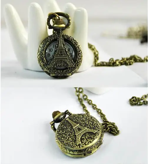 

Античная Эйфелева башня карманные часы ожерелье флип часы кварцевые Бронзовый хорошего качества Очаровательная подвесные карманные часы