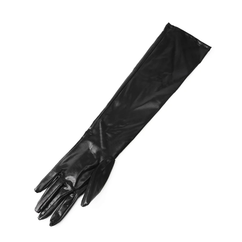 Соблазнительные женские перчатки из черной лаковой кожи эластичные длинные
