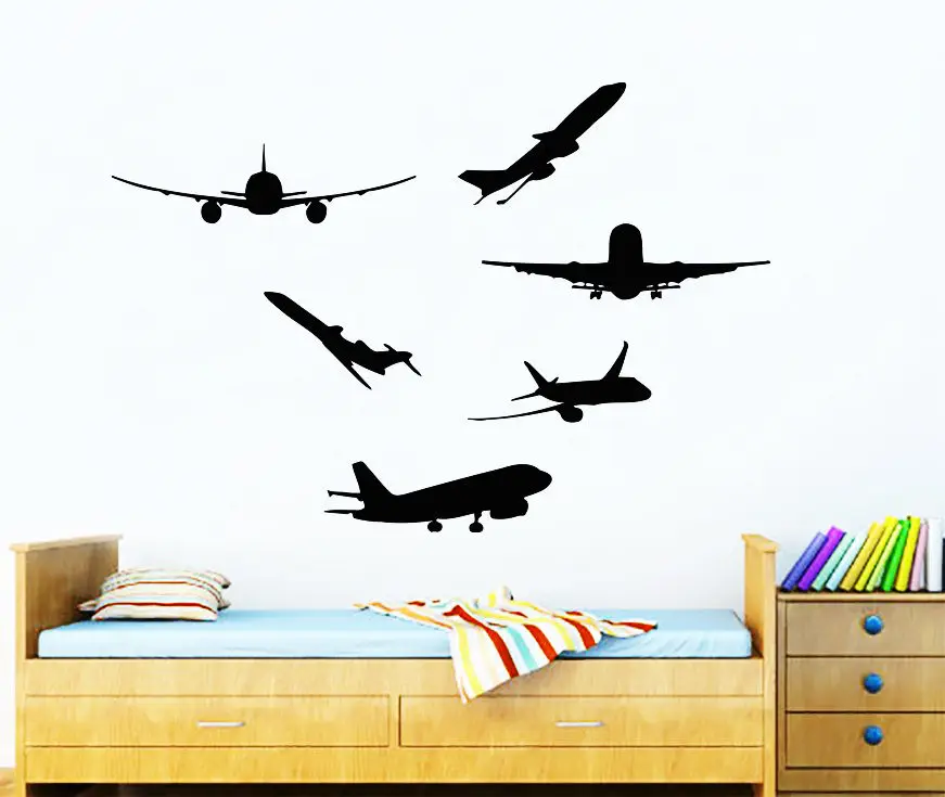 

Free Shipping Art Curving wall decal for kids DIY Home Decoration Six set Airplane Wall Sticker Boys Bedroom Wall Decal D-107
