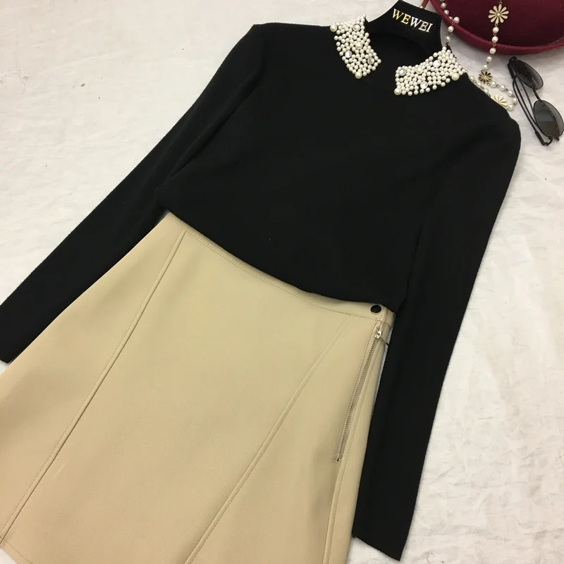 ALPHALMODA Beaded Collar Pullover Women Sweet Jumpers 2017 Winter New Ladies Solid Color Graceful Bottom Sweater | Женская одежда