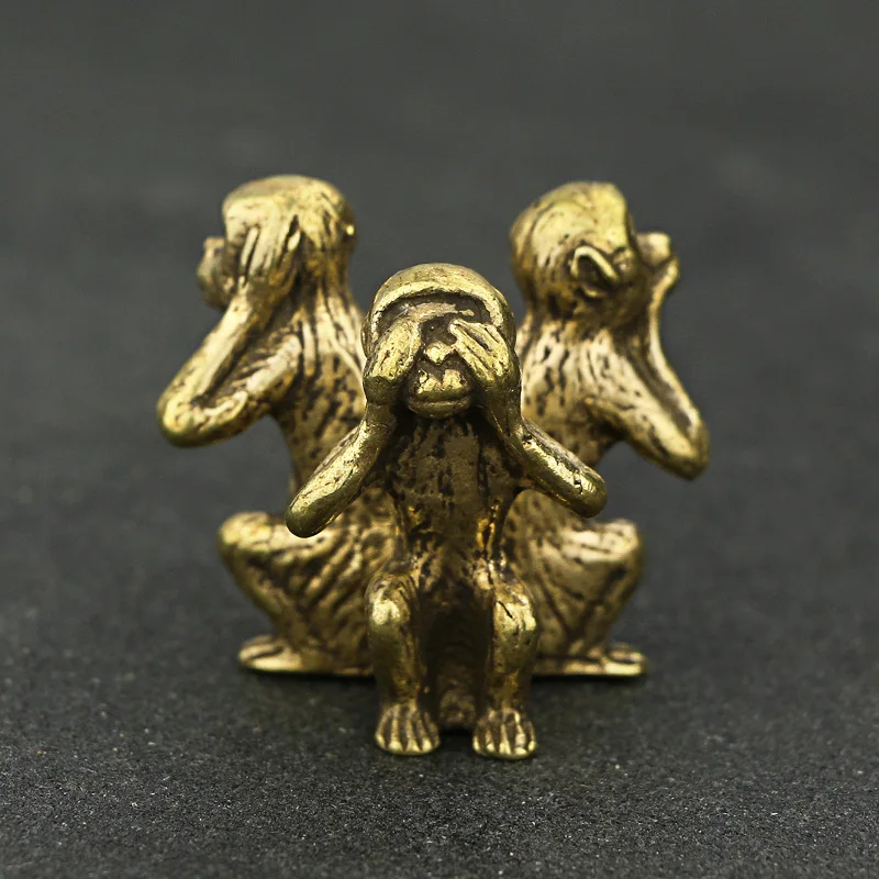 Миниатюрная винтажная латунная Милая статуя 3-Monkeys "не говорить", скульптура животного, домашний офисный стол, декоративное украшение, забавный подарок