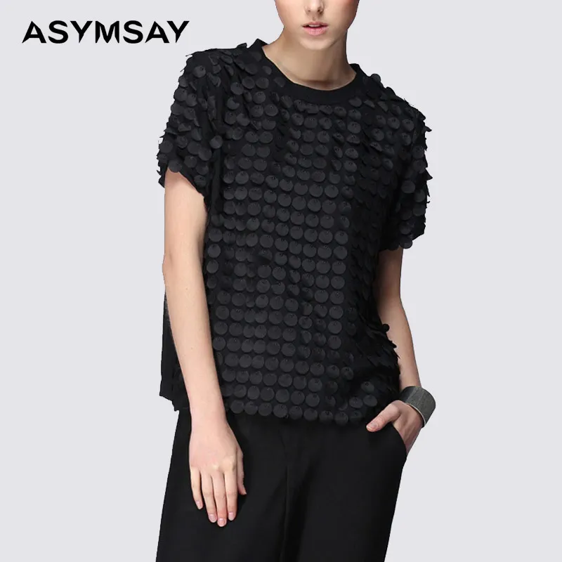 Женская шифоновая футболка с короткими рукавами черная свободная 3d декором лето