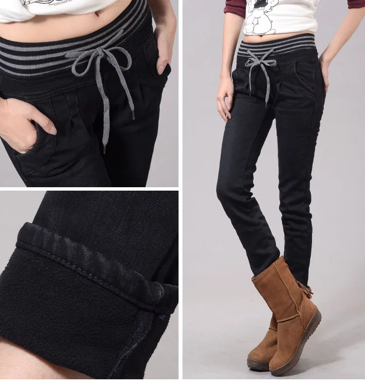 Women's Winter Warm High Elastic Waist Jeans Winter Fashion Velvet Skinny Stretch Denim Pencil Pants Plus Size